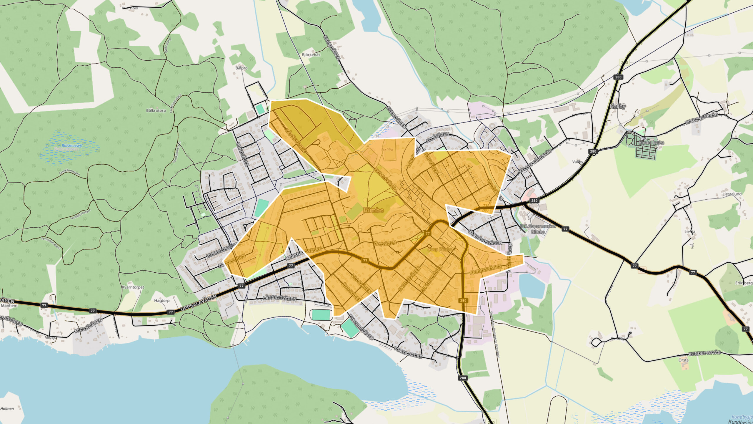 Bild på karta med fjärrvärmeområden i Rimbo